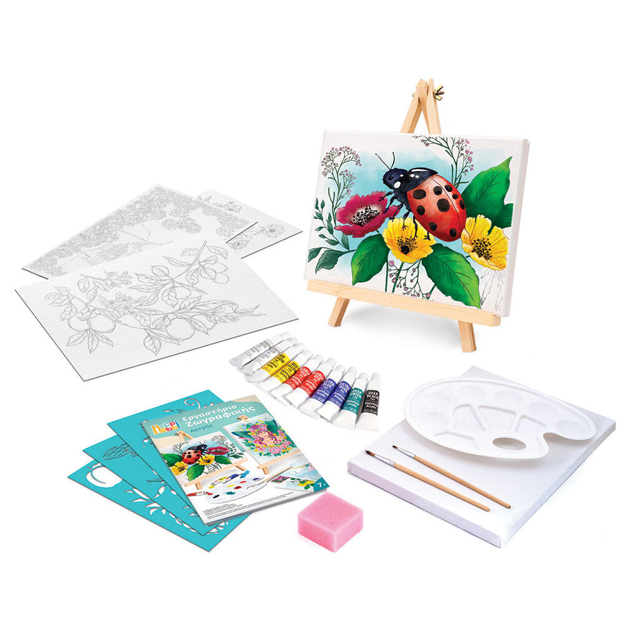 HappiHobbi Εργαστήριο Ζωγραφικής Ακρυλικά Χρώματα Σετ Ζωγραφικής Με Ξύλινο Καβαλέτο (1038-11042) - Fun Planet