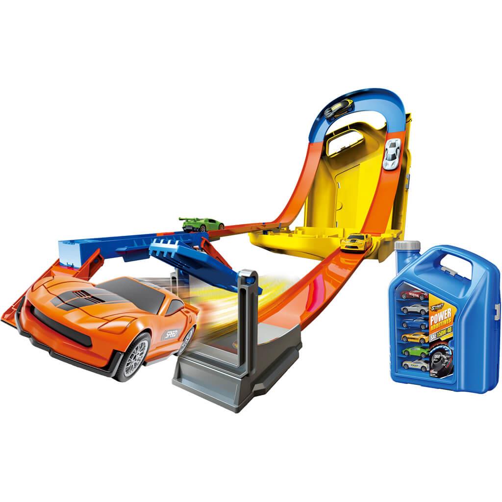 Μπετόνι Μπλε με Πίστα Εκτόξευσης και 6 Μεταλλικά Οχήματα 46,5x12x34cm Luna Toys (623246) - Fun Planet