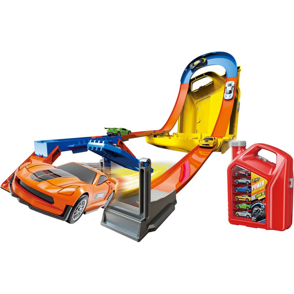 Μπετόνι Κόκκινο με Πίστα Εκτόξευσης και 6 Μεταλλικά Οχήματα 46,5x12x34cm Luna Toys (623247) - Fun Planet