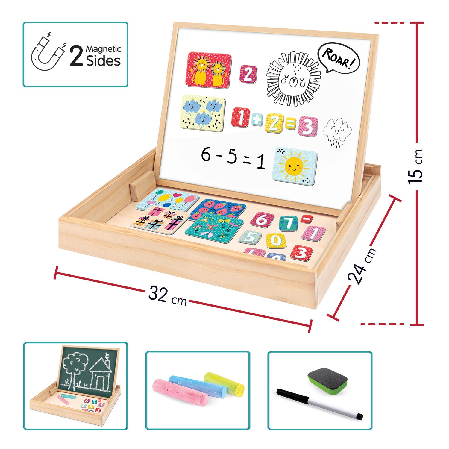 HappiHobbi Magnet Ξύλινος Μαγνητικός Επιτραπέζιος Πίνακας 2 Όψεων Με 35 Εκπαιδευτικούς Μαγνήτες (1029-64086)