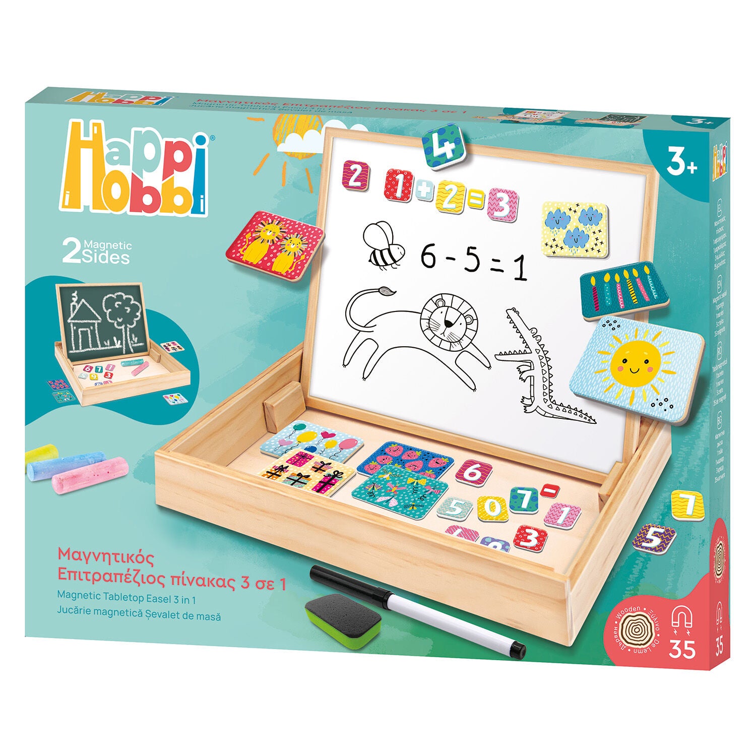 HappiHobbi Magnet Ξύλινος Μαγνητικός Επιτραπέζιος Πίνακας 2 Όψεων Με 35 Εκπαιδευτικούς Μαγνήτες (1029-64086)