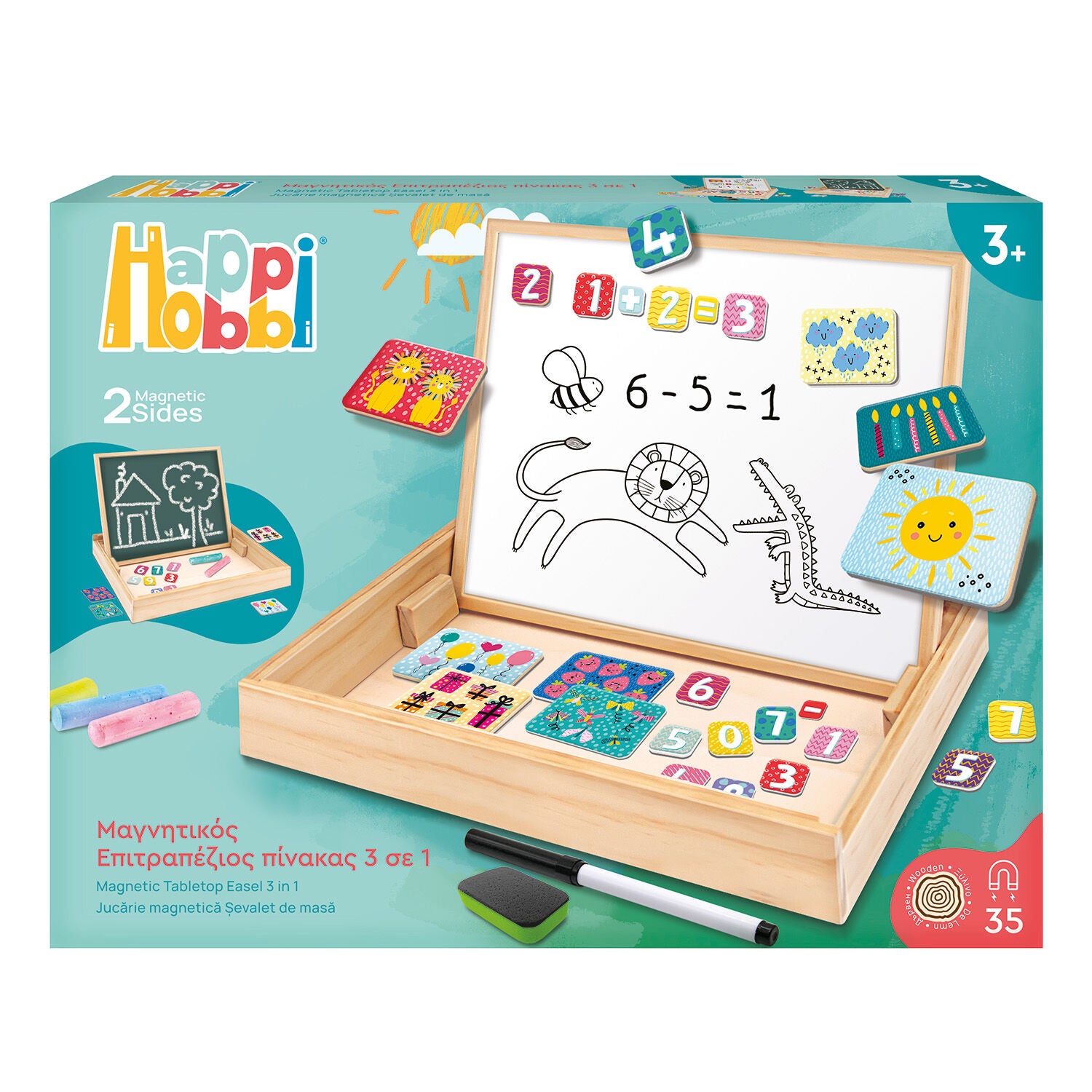 HappiHobbi Magnet Ξύλινος Μαγνητικός Επιτραπέζιος Πίνακας 2 Όψεων Με 35 Εκπαιδευτικούς Μαγνήτες (1029-64086)