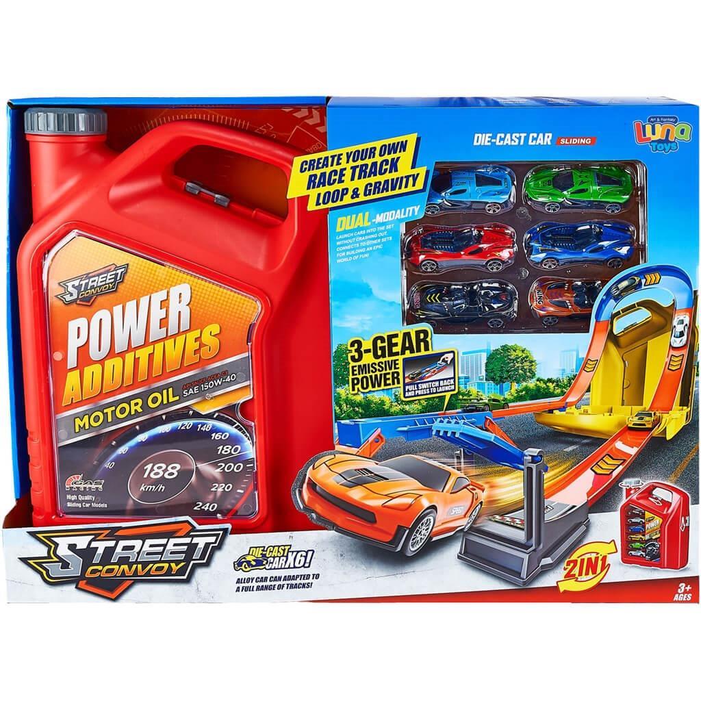 Μπετόνι Κόκκινο με Πίστα Εκτόξευσης και 6 Μεταλλικά Οχήματα 46,5x12x34cm Luna Toys (623247) - Fun Planet