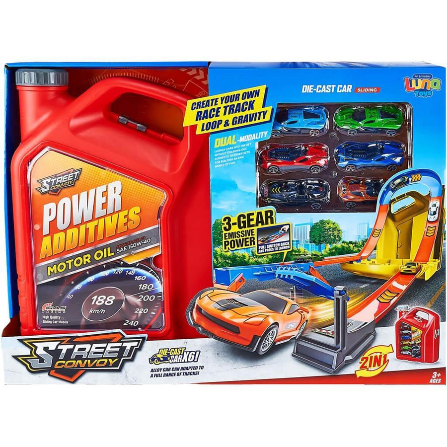 Μπετόνι Κόκκινο με Πίστα Εκτόξευσης και 6 Μεταλλικά Οχήματα 46,5x12x34cm Luna Toys (623247) - Fun Planet