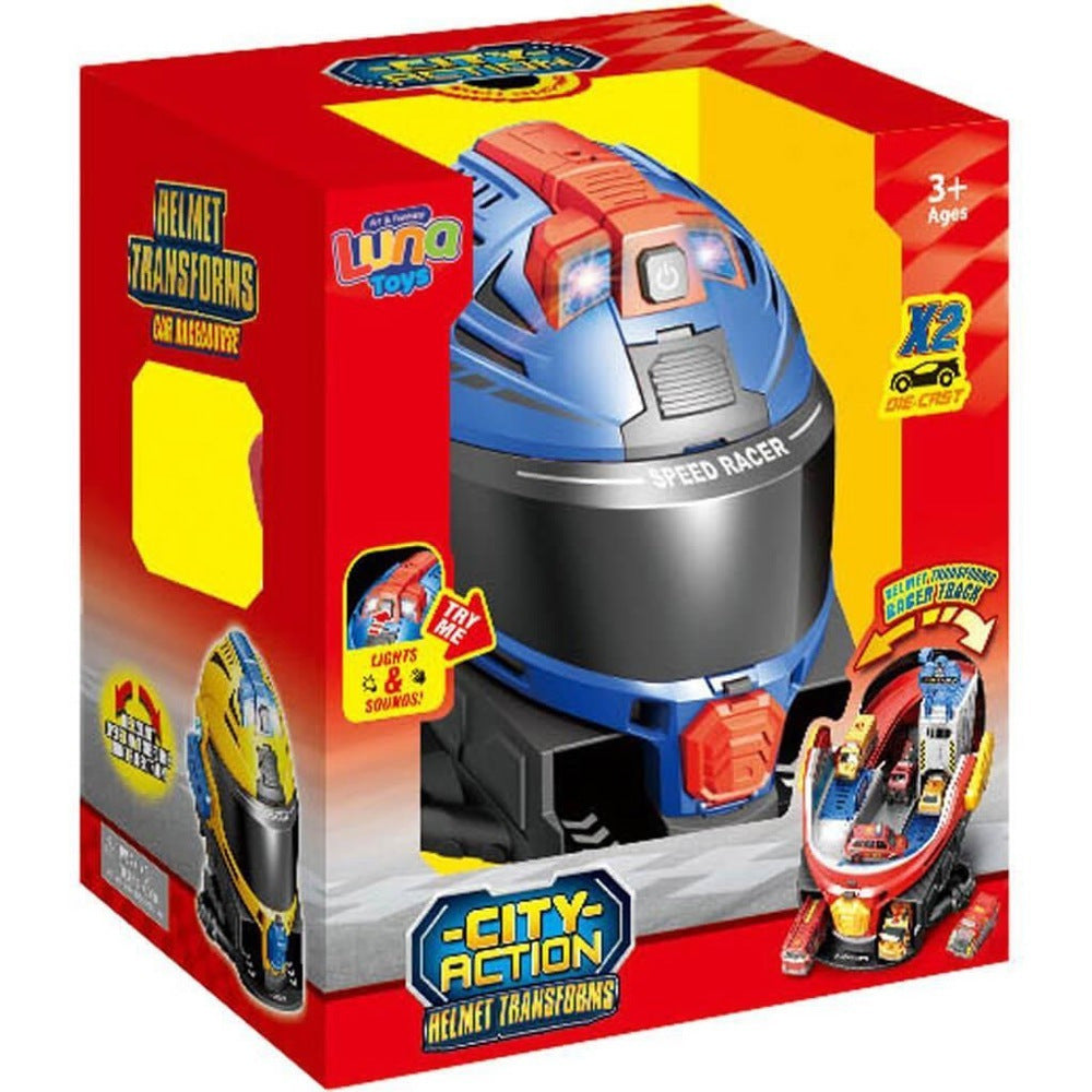 Πάρκινγκ Κράνος Μπλε με 2 Μεταλλικά Αυτοκίνητα με Φως και Ήχο 27x20x29cm Luna (623198) - Fun Planet