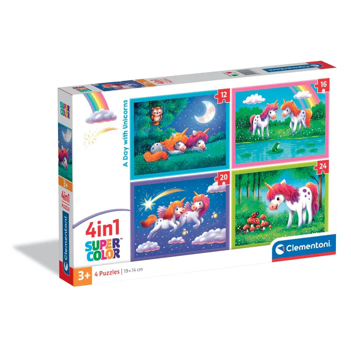 Clementoni Παιδικό Παζλ 4 in 1 Super Color A Day With Unicorns 12-16-20-24 τεμάχια (1200-21740) - Fun Planet