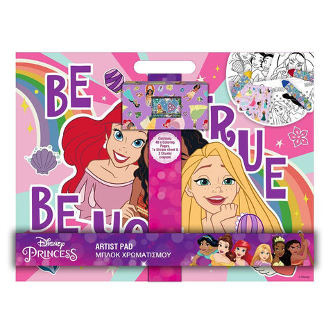 Μπλοκ με 40 Σελίδες Χρωματισμού Αυτοκόλλητα και 3 Κηρομπογιές Disney Princess (563602) - Fun Planet
