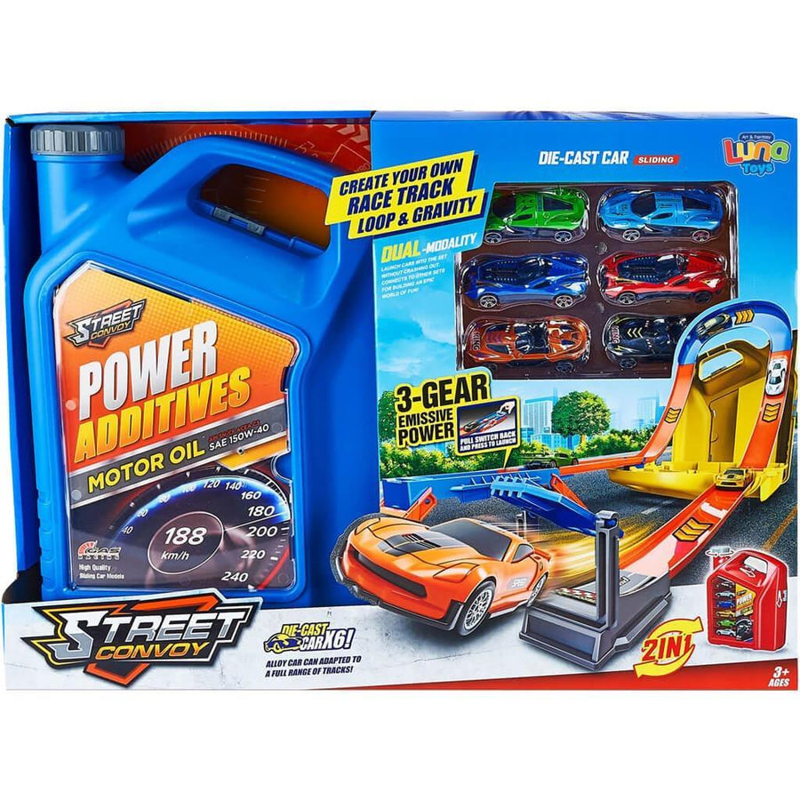 Μπετόνι Μπλε με Πίστα Εκτόξευσης και 6 Μεταλλικά Οχήματα 46,5x12x34cm Luna Toys (623246) - Fun Planet