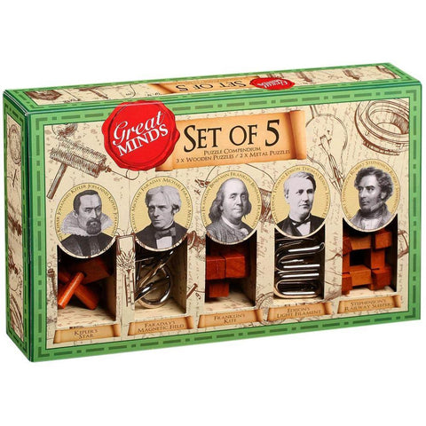 Great Minds Set Of 5 Puzzle Compendium 3 x Wooden Puzzles / 2 x Metal Puzzles (5-G)