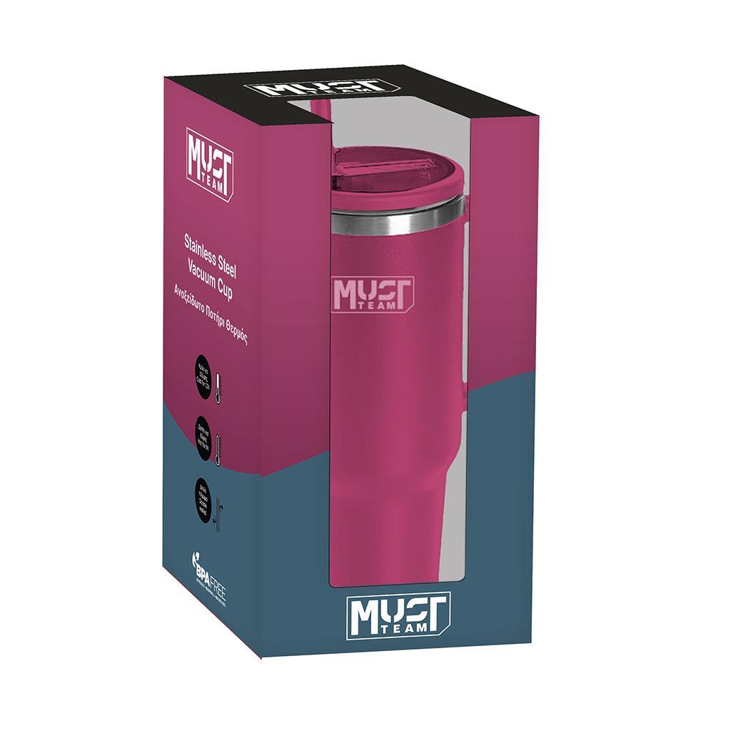 Ποτήρι Ανοξείδωτο Θερμός 1200ml με Καλαμάκι Βυσσινί 27x10x7.5εκ Must Team (587160) - Fun Planet