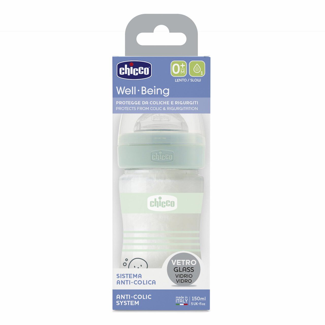 Chicco Γυάλινο Μπιμπερό Well Being Κατά των Κολικών Με Θηλή Σιλικόνης Πράσινο 150ml (A50-28711-31) - Fun Planet