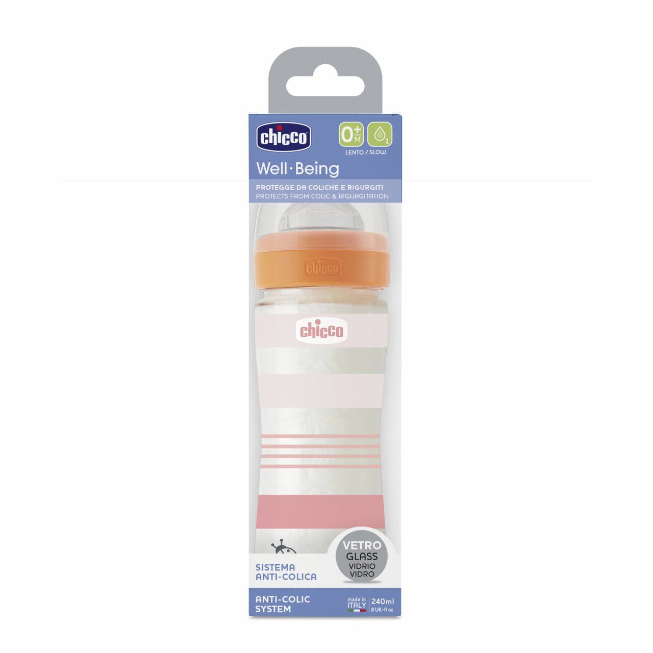 Chicco Γυάλινο Μπιμπερό Well Being Κατά των Κολικών Με Θηλή Σιλικόνης Ροζ 240ml (A50-28721-11) - Fun Planet