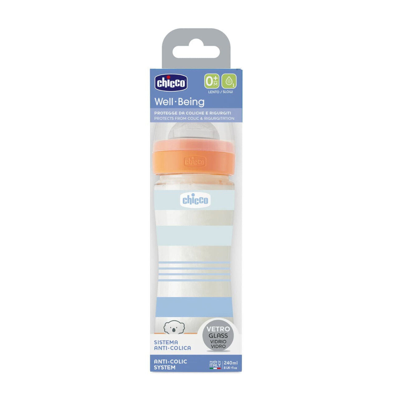 Chicco Γυάλινο Μπιμπερό Well Being Κατά των Κολικών Με Θηλή Σιλικόνης Μπλε 240ml (A50-28721-21) - Fun Planet