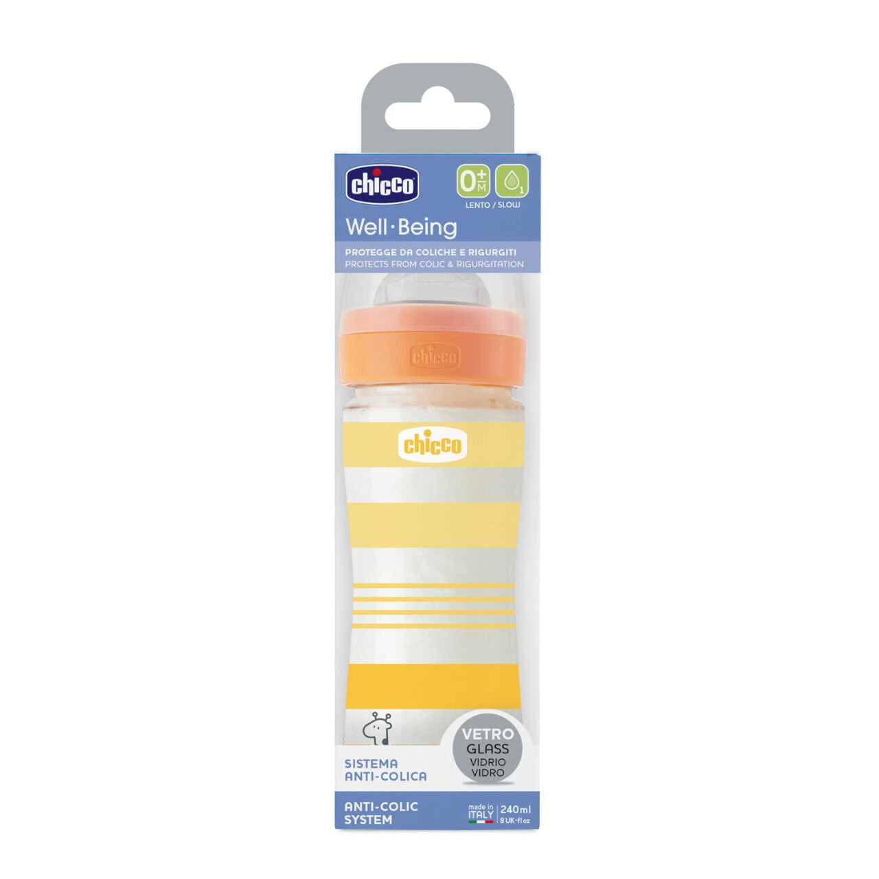 Chicco Γυάλινο Μπιμπερό Well Being Κατά των Κολικών Με Θηλή Σιλικόνης Κίτρινο 240ml (A50-28721-31) - Fun Planet