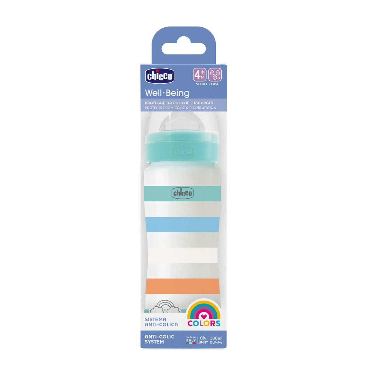 Chicco Πλαστικό Μπιμπερό Well Being Κατά των Κολικών Μπλε 330ml (A60-28637-21) - Fun Planet