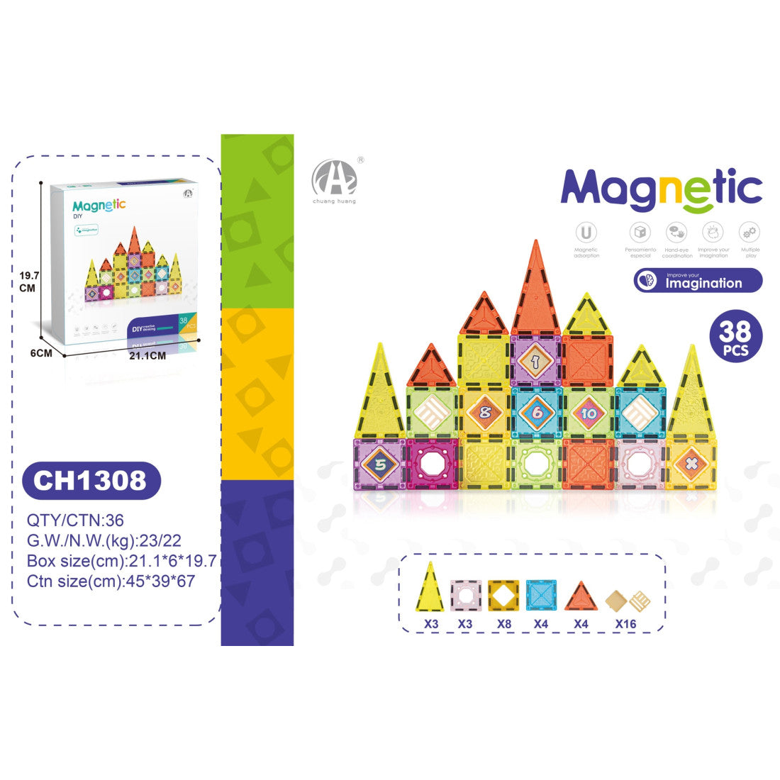 Μαγνητικά Τουβλάκια 38 τεμάχια (CH1308) - Fun Planet