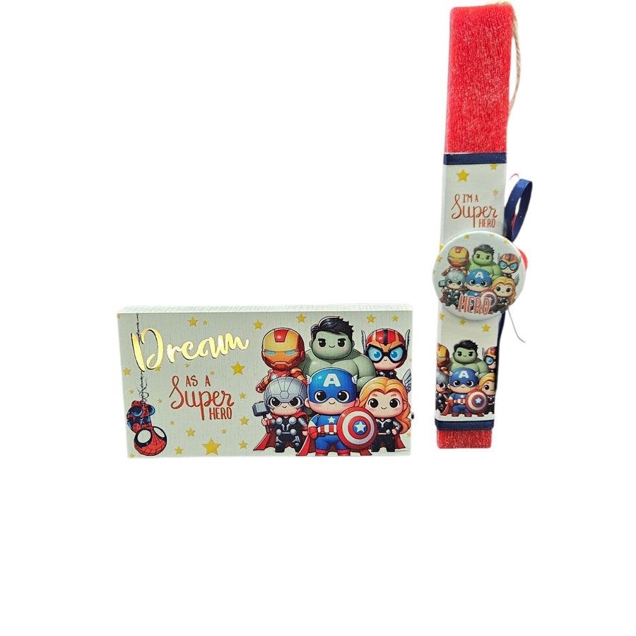 Λαμπάδα Αρωματική με Φωτιζόμενο Καδράκι Super Heroes και Τσάντα Δώρου (F224)